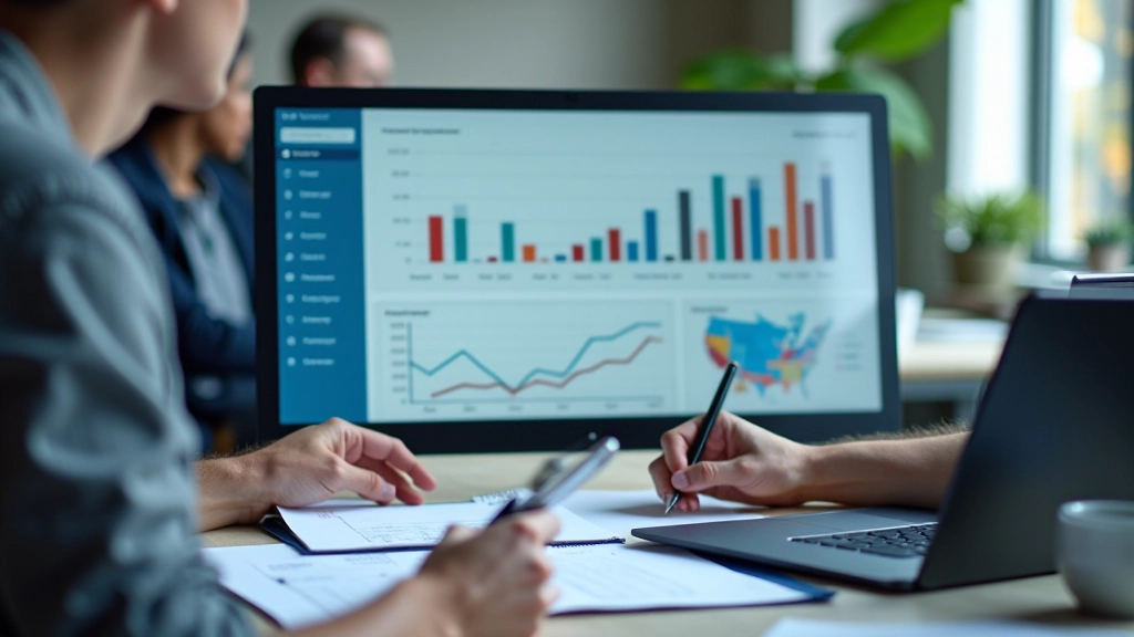 Arbejdsplads med notizbog, pen og computer som viser dashboard med realistiske metrics