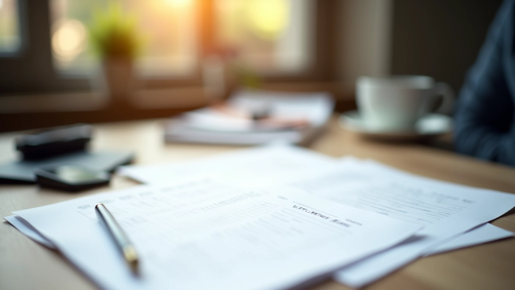 Papirnotater med håndskrevne mål og metrics spredt på et skrivebord med kaffekop og pen