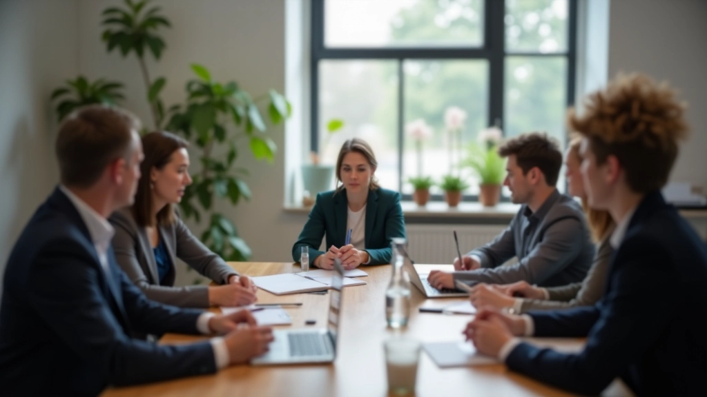 Mødelokale hvor folk fra virksomheder diskuterer case studies omkring bord