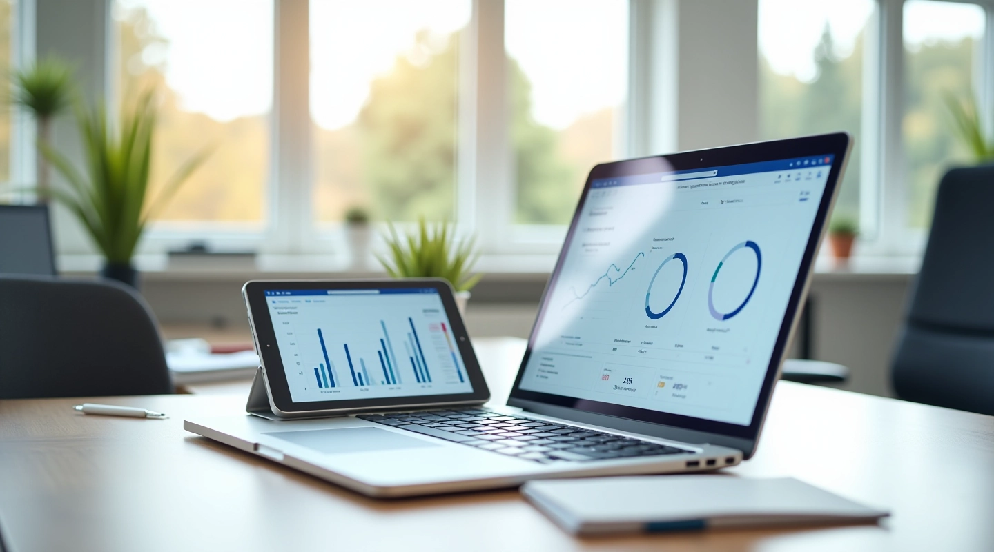 Moderne arbejdsplads med digitale værktøjer og analysedata på skærm