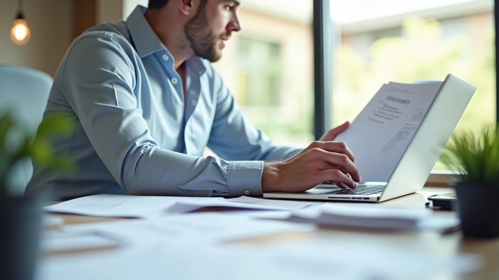 Person der arbejder ved computerworkstation med notater og analyseark omkring skærmen