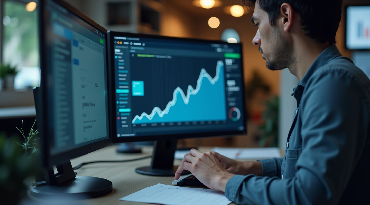 Person som studerer data på computersk med revenue metrics på skærm