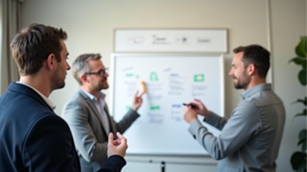 Team som samarbejder omkring whiteboard med strategiske notater og positive udtryk